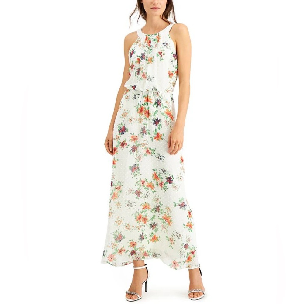 Robbie Bee Women Size 10P Chiffon Maxi Dress White Floral Lined Round Neckline